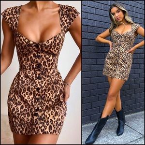 White Fox Boutique Leopard Cheetah Corset Button Down Denim Jean Mini Dress